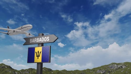 Airplane Flying Towards Barbados Sign With Flag