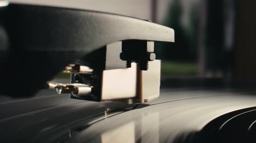 Close up of a record player playing record