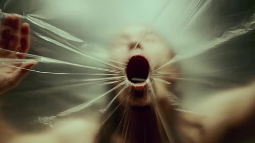 Homme appuyant contre un plastique tendu et respirant avec la bouche grande ouverte