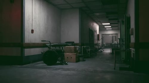 Abandoned Hospital Corridor with Old Medical Equipment and Dim Lighting