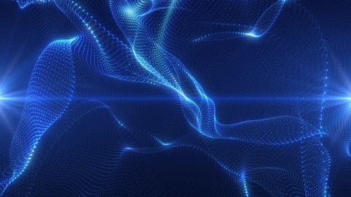 Une onde lumineuse abstraite provenant de particules et de points se déplace sur un fond bleu, visualisation de données volumineuses