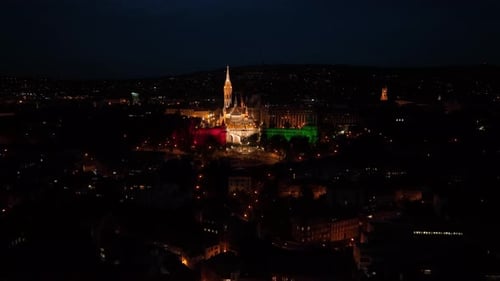 Establishing Aerial View Shot of Fisherman’s Bastion and Matthias church at night. Budapest, Hungary
