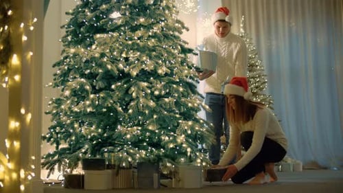 Jovem casal coloca presentes debaixo da árvore de Natal