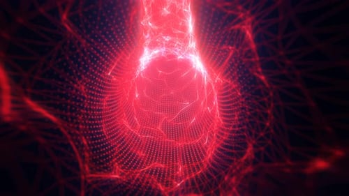 Estructura de túnel de energía roja hecha de partículas futuristas y líneas de campo de fuerza de energía