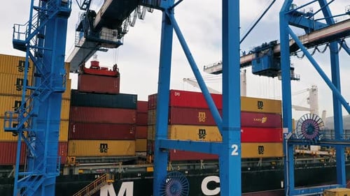 Drone image of the cargoes on the container ship in the port