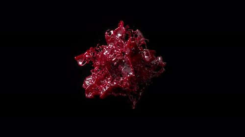 Eine dunkelrote Flüssigkeitsexplosion in 3D-Animation zeigt einen dynamischen Spritzer mit hoher Detailgenauigkeit gegen einen Stark