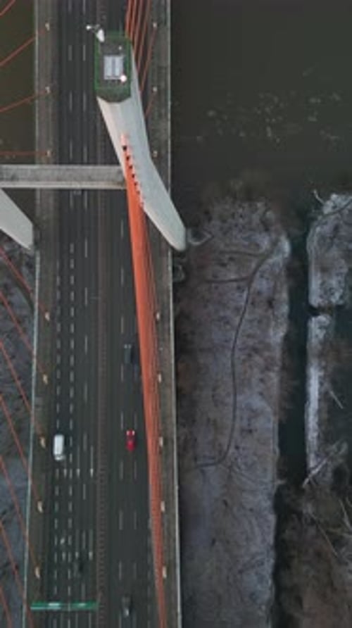 Aerial video of the Svitokriski bridge at night. Warsaw Poland