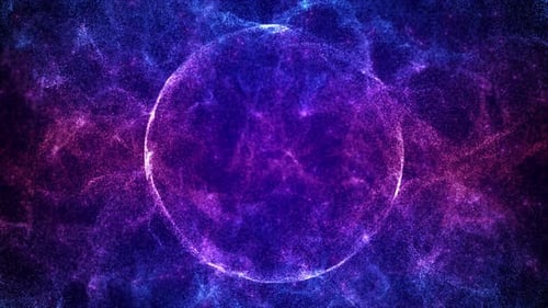 Purple Blue Cosmic Energy Sphere with Plasma Ring and Nebula Particles – Abstract Quantum Field Loop