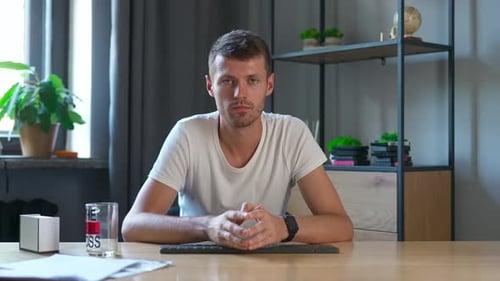Man College Student Studying at Home Pov Sitting at Desk Listening Watching Lesson Online on