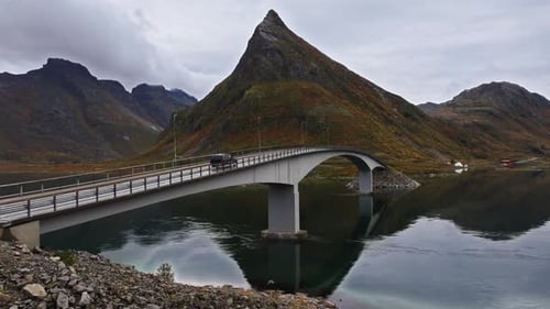 Aerial Overhead Drone Shot Capturing Lofoten Islands Bridge on a Sunny Autumn Day in North Norway's