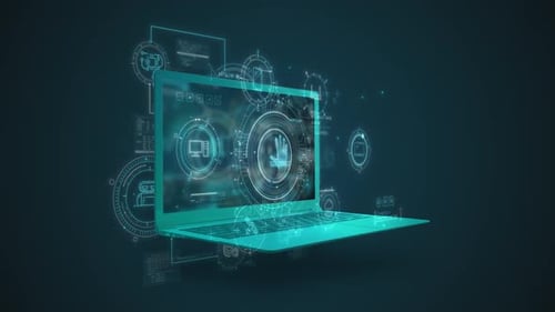 Futuristic Digital HUD Elements Around a Laptop Animation