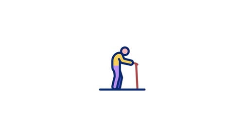 Animated Flat Design Icon of Elderly Person Walking with Cane