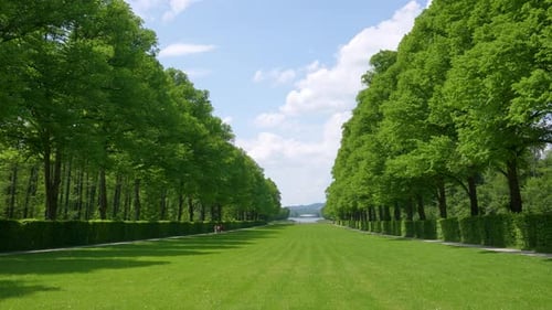 Two rows of green trees and a green meadow under a blue sky and white clouds.