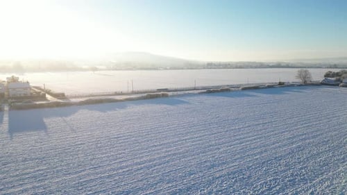 Snowy Rural Fields in Winter Aerial Landscape