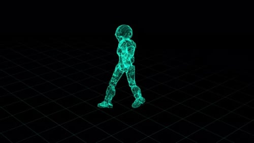 Glowing Robotic Figure Walking In Virtual Space
