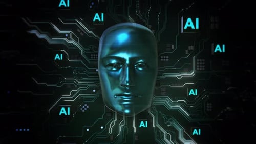 Futuristic Artificial Intelligence Head with Glowing Digital Circuitry