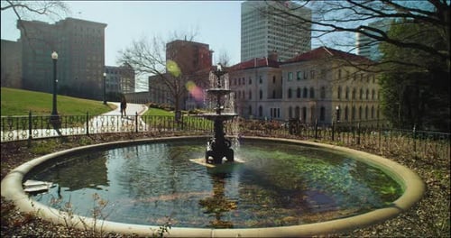 Gimbal Shot of a fountain outside of the State Capitol in Richmond, Virginia