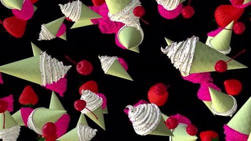 Seamless Loop of Falling Ice Cream Cones and Fresh Fruits