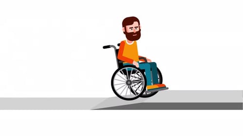 A bearded man with a disability climbs a ramp