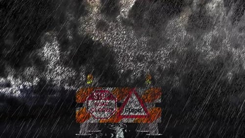 Heavy Rain With Lightning Thunders Dark clouds and Road Closed Flood Sign Board