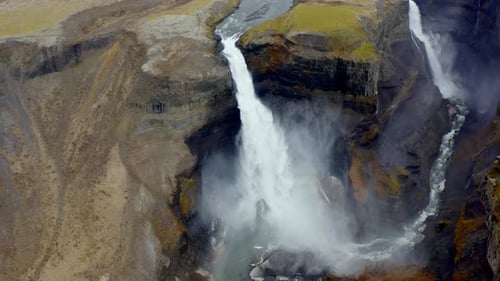 Aerial Over Majestic Haifoss Waterfall. Spectacular Scenery of Iceland