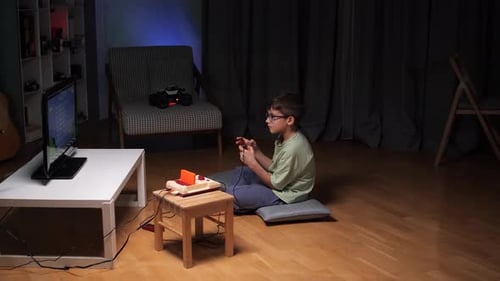 Boy Plays Retro Video Game at Home