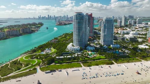 Aerial View of South Beach Sandy Surface with Tourists Relaxing on Hot Florida Sun Miami Beach City