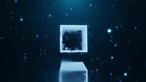 Seamless Loop Ice Cube Rotation Against the Background of Snowflakes Blue Ice Cube with Reflection