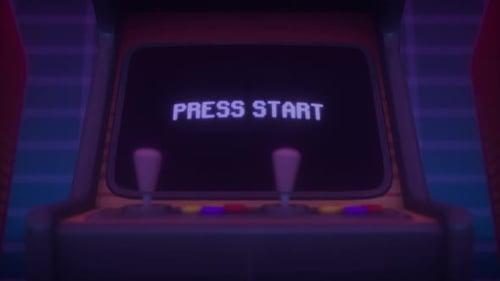 Retro-Arcade-Spielbildschirm mit Start-Text und Neonlicht
