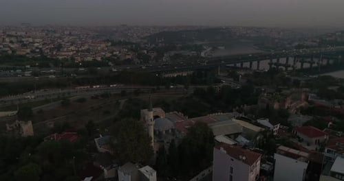 Aerial video flying over a bridge at sunrise in Istanbul