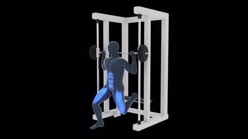 Animated human figure performing barbell split squats in smith machine