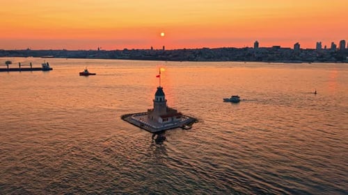 Scenic Aerial View of Istanbul's Maiden's Tower at Sunset