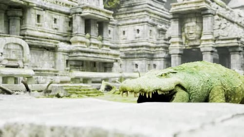 Crocodile se reposant au milieu d'anciennes ruines de pierre dans un environnement luxuriant