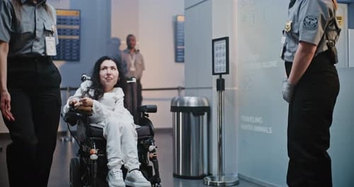 Security Checkpoint Female TSA Officer Checking Woman with Physical Disability in Airport Terminal