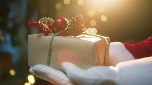 Santa Claus Holding Beautiful Christmas Gift