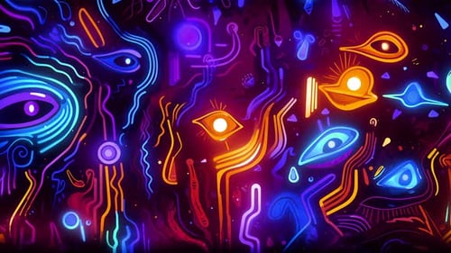 Seamless Neon Abstract Animated Pattern with Glowing Cartoon Doodles and Vibrant Motion