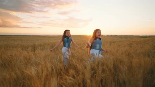 Children in Rye Fields in Sunset Two Cute Girls are Running and Playing in Golden Wheat Field