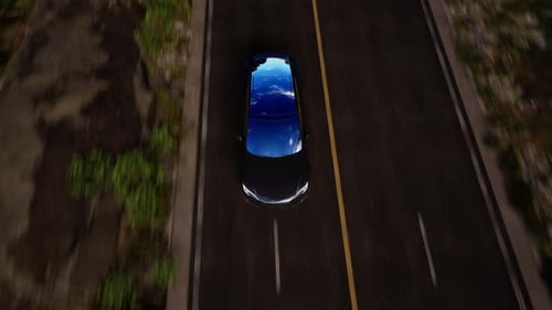 3D render of generic electric car drives on a Road with wind turbines in the background