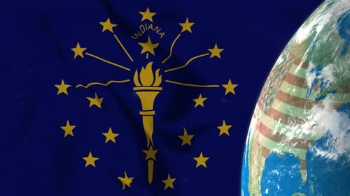 Indiana State Flag Waving with Rotating Earth Globe