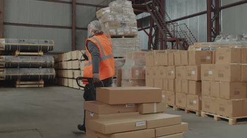 Warehouse Worker Loading Pallet with Containers at Storage Room