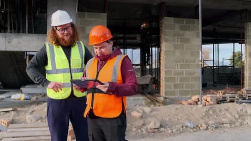 Two workers wearing hardhats, looking digital tablet inspecting progress of work for planning