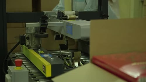 Kartons werden mit einer Bandmaschine versiegelt
