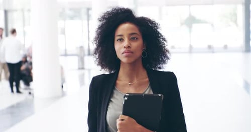 Business, walking in lobby and black woman with tablet, confidence and creative career opportunity