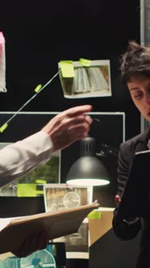 Investigators Reviewing Case Files in Dark Office