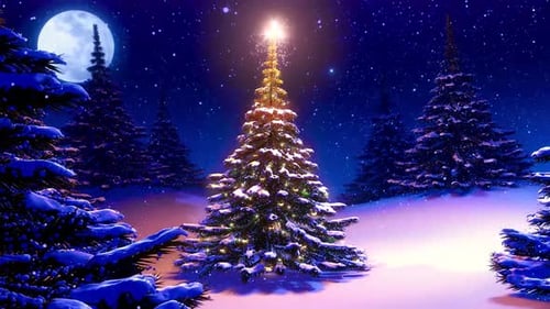 Animated Christmas Tree Decoration in Snowy Winter Night
