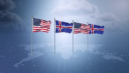 United States and Iceland Flags Waving Over Digital Global Map