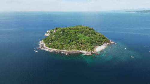 Drone Rotating Over Coral Island In Riviera Nayarit, Mexico