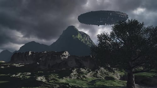 Alien ship over forest mountain