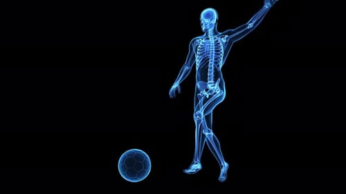 Human skeleton playing soccer with dynamic kicking motion in 4k