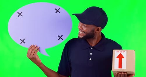 Speech bubble, mockup and a delivery black man on green screen in studio with a box for social